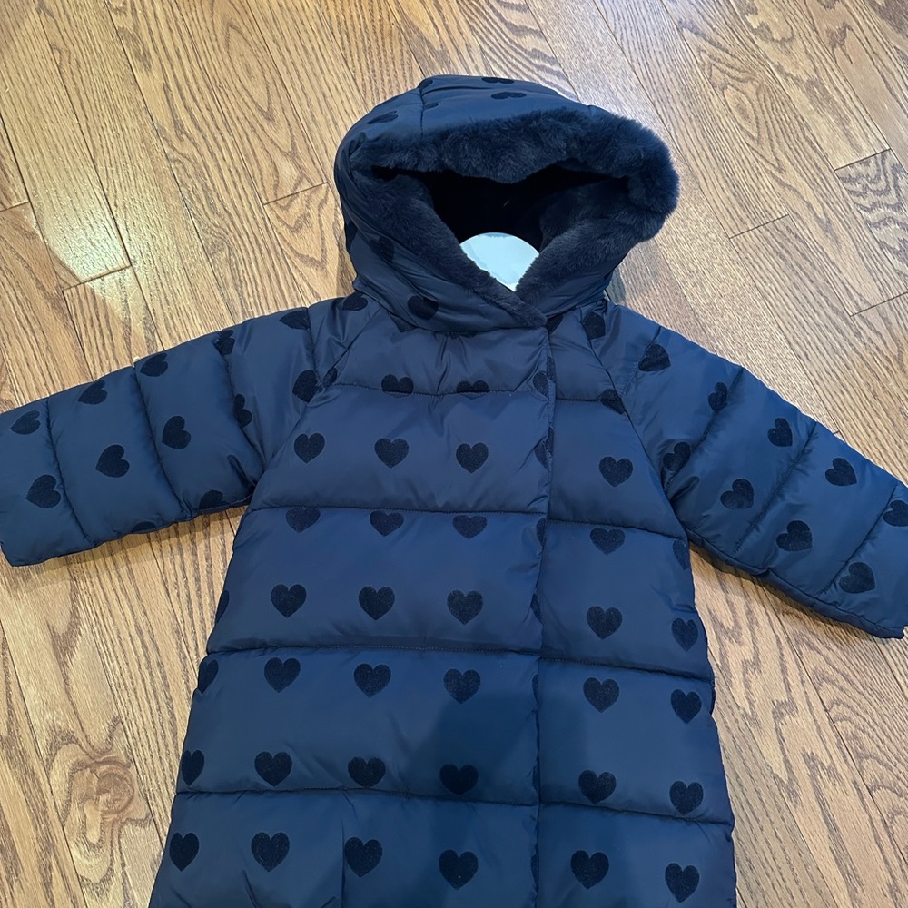 Jacadi Navy Puffer Coat with Lovely  Heart Print 💙 3T